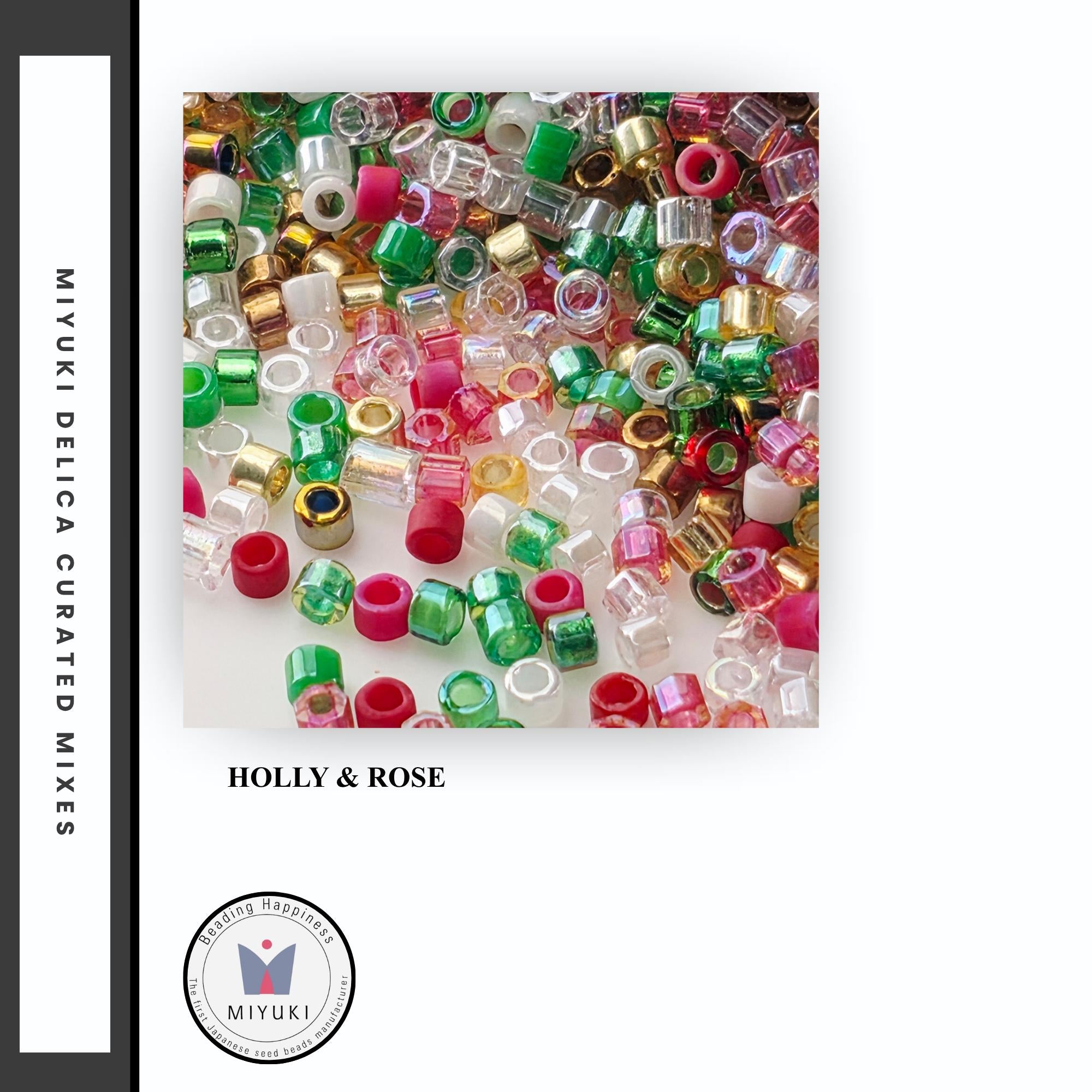 The image is a collage of various colorful beads, including clear, green, pink, and gold beads, scattered across a white background.