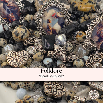 Folklore Bead Soup Mix | Black, Cream and Jasper Glass Beads | Fantasy Portrait Cabochon Pendants | DIY Jewelry Making | Learise Curated Mix
