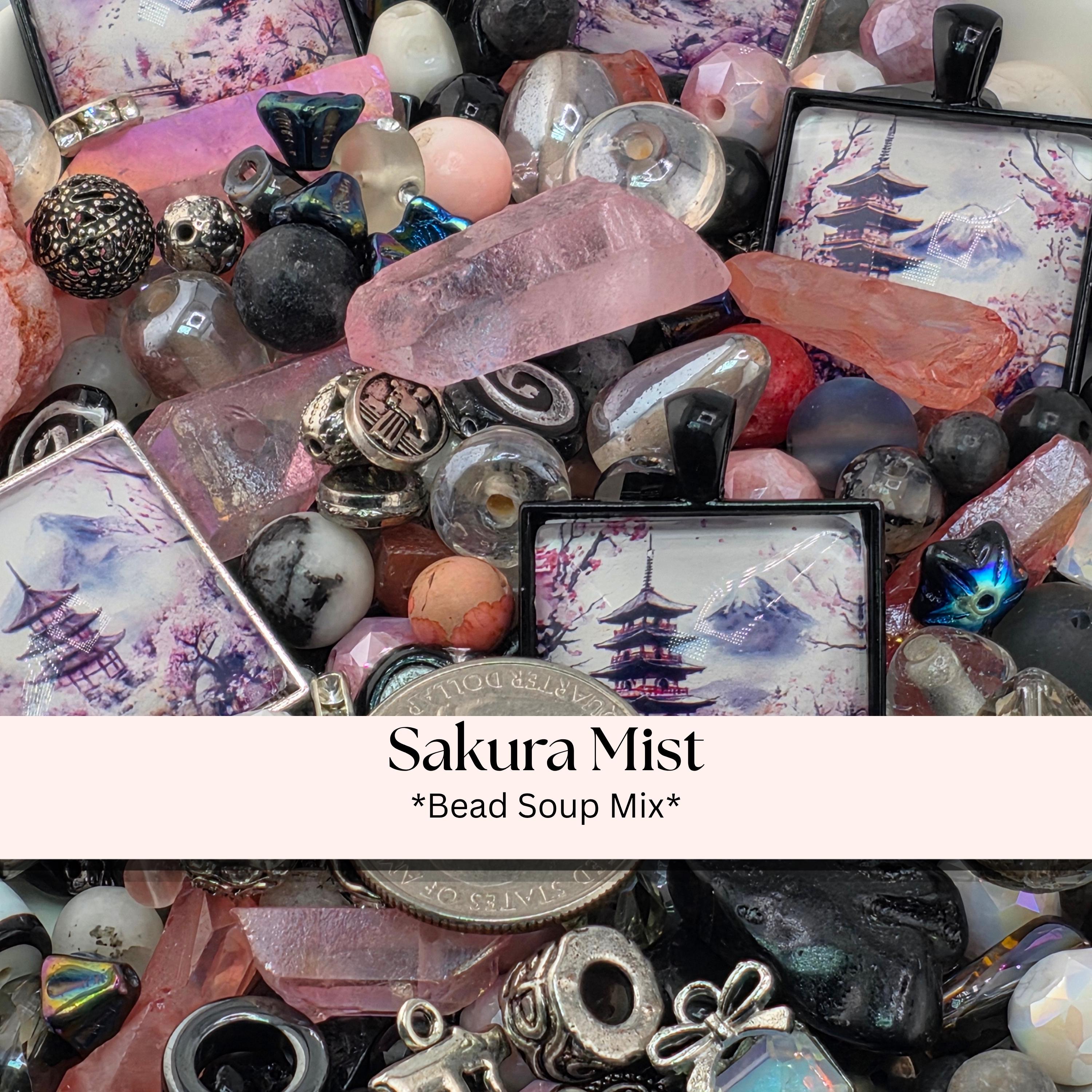 Sakura Mist Bead Soup Mix | Soft Pink Black Glass Beads | Pagoda Mt. Fuji Cabochon Pendants | DIY Jewelry Making | Learise Curated Mix