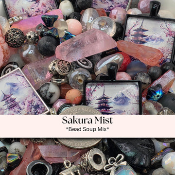 Sakura Mist Bead Soup Mix | Soft Pink Black Glass Beads | Pagoda Mt. Fuji Cabochon Pendants | DIY Jewelry Making | Learise Curated Mix