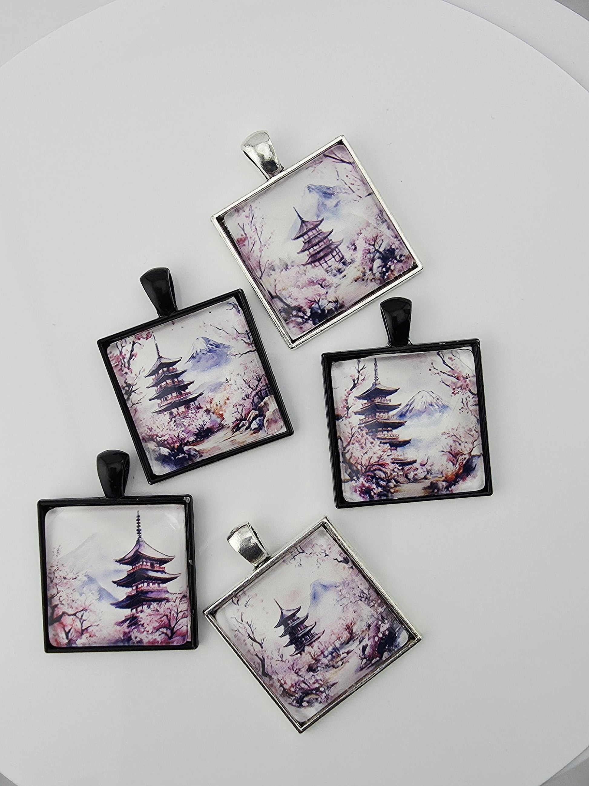 Sakura Mist Bead Soup Mix | Soft Pink Black Glass Beads | Pagoda Mt. Fuji Cabochon Pendants | DIY Jewelry Making | Learise Curated Mix