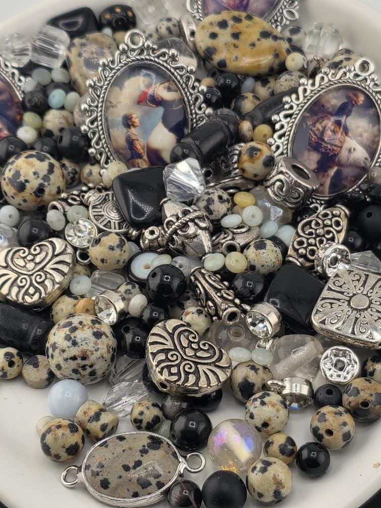 Folklore Bead Soup Mix | Black, Cream and Jasper Glass Beads | Fantasy Portrait Cabochon Pendants | DIY Jewelry Making | Learise Curated Mix