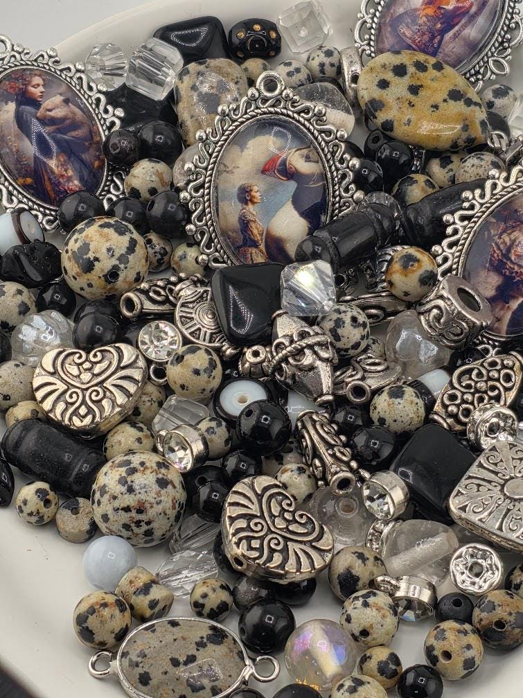 Folklore Bead Soup Mix | Black, Cream and Jasper Glass Beads | Fantasy Portrait Cabochon Pendants | DIY Jewelry Making | Learise Curated Mix