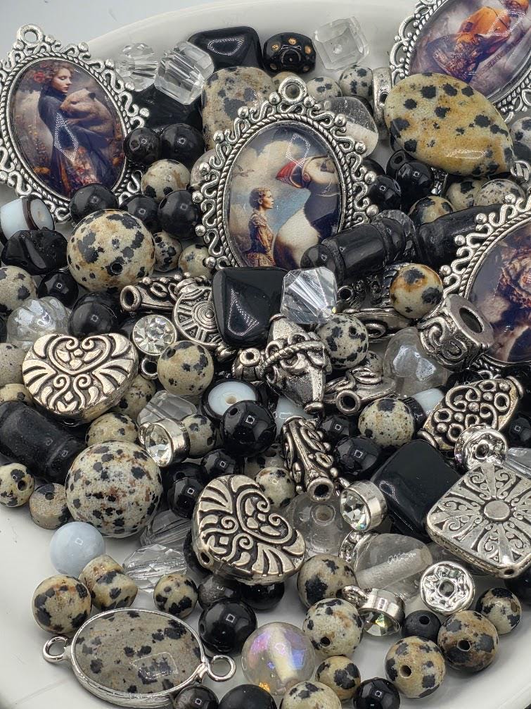 Folklore Bead Soup Mix | Black, Cream and Jasper Glass Beads | Fantasy Portrait Cabochon Pendants | DIY Jewelry Making | Learise Curated Mix