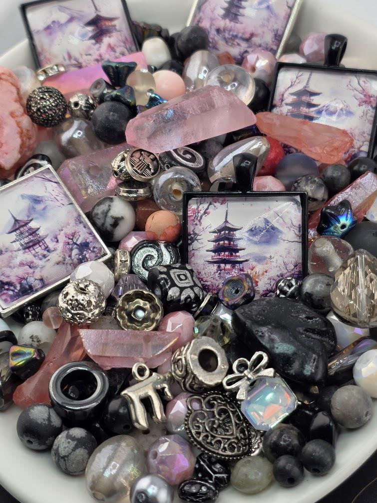 Sakura Mist Bead Soup Mix | Soft Pink Black Glass Beads | Pagoda Mt. Fuji Cabochon Pendants | DIY Jewelry Making | Learise Curated Mix