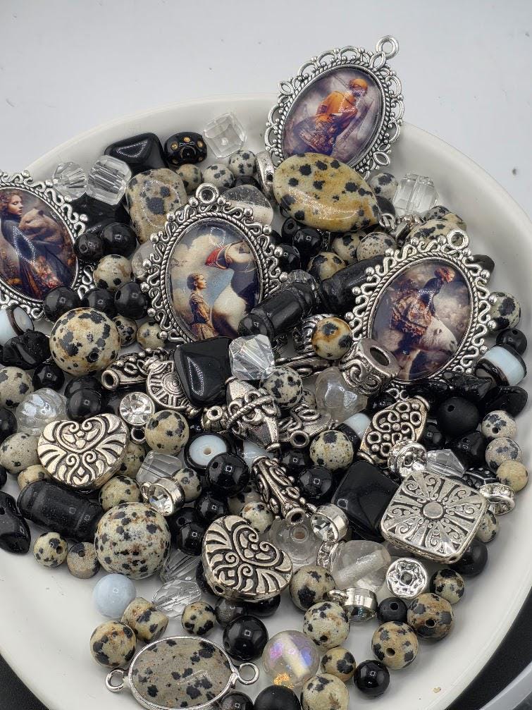 Folklore Bead Soup Mix | Black, Cream and Jasper Glass Beads | Fantasy Portrait Cabochon Pendants | DIY Jewelry Making | Learise Curated Mix