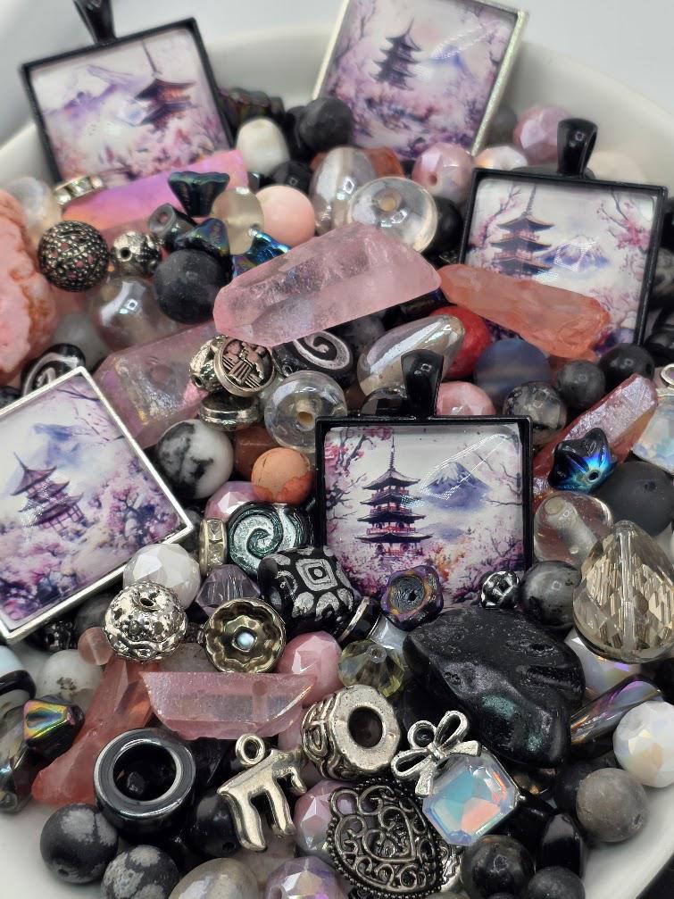 Sakura Mist Bead Soup Mix | Soft Pink Black Glass Beads | Pagoda Mt. Fuji Cabochon Pendants | DIY Jewelry Making | Learise Curated Mix