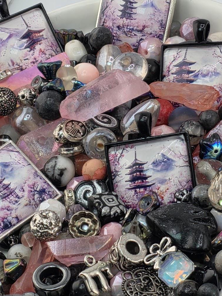 Sakura Mist Bead Soup Mix | Soft Pink Black Glass Beads | Pagoda Mt. Fuji Cabochon Pendants | DIY Jewelry Making | Learise Curated Mix