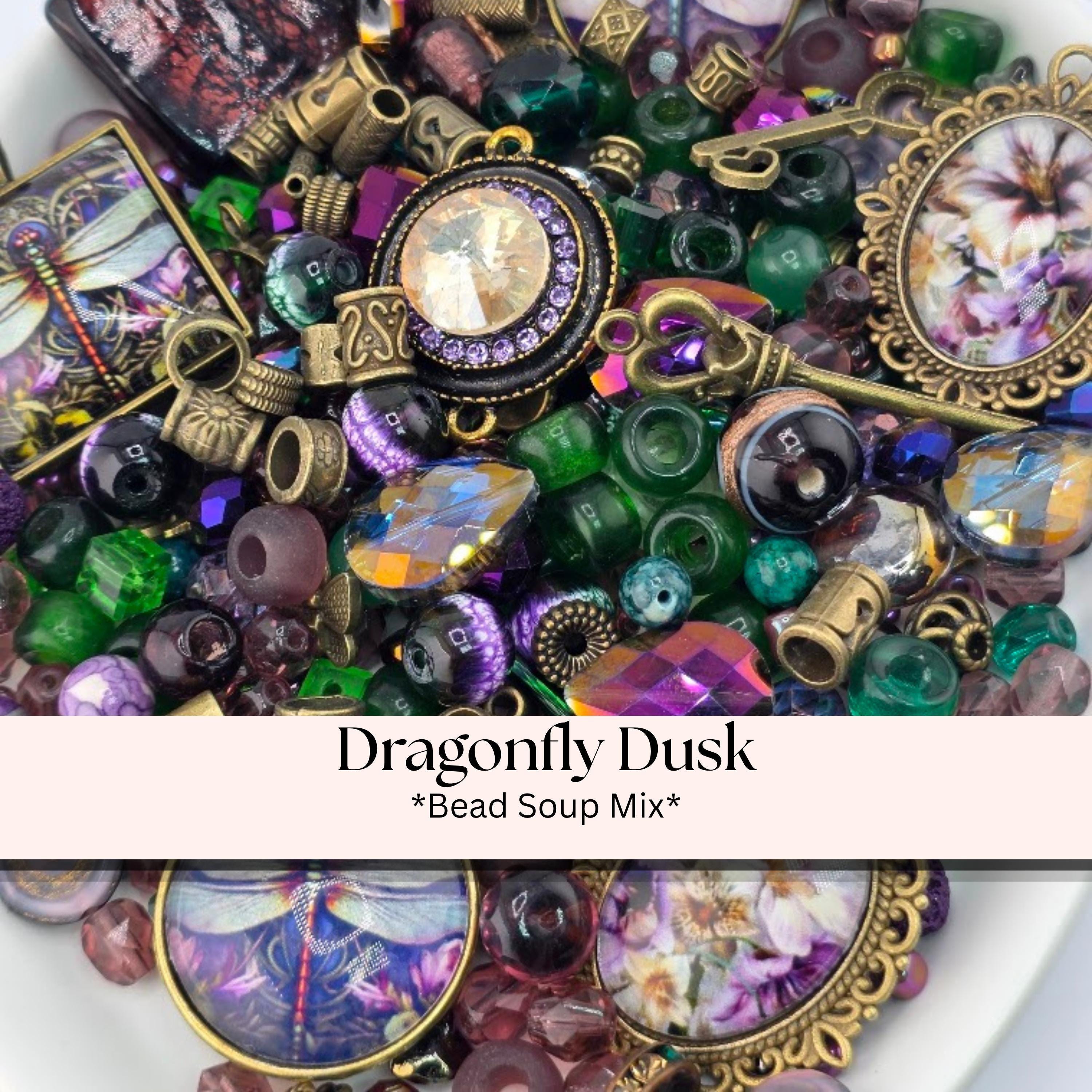 Dragonfly Dusk Bead Soup Mix | Plum and Antique Bronze Glass Beads | Dragonfly and Pansy Cabochon Pendants | DIY Jewelry Making