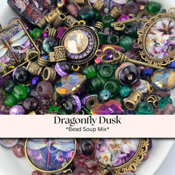 Dragonfly Dusk Bead Soup Mix | Plum and Antique Bronze Glass Beads | Dragonfly and Pansy Cabochon Pendants | DIY Jewelry Making
