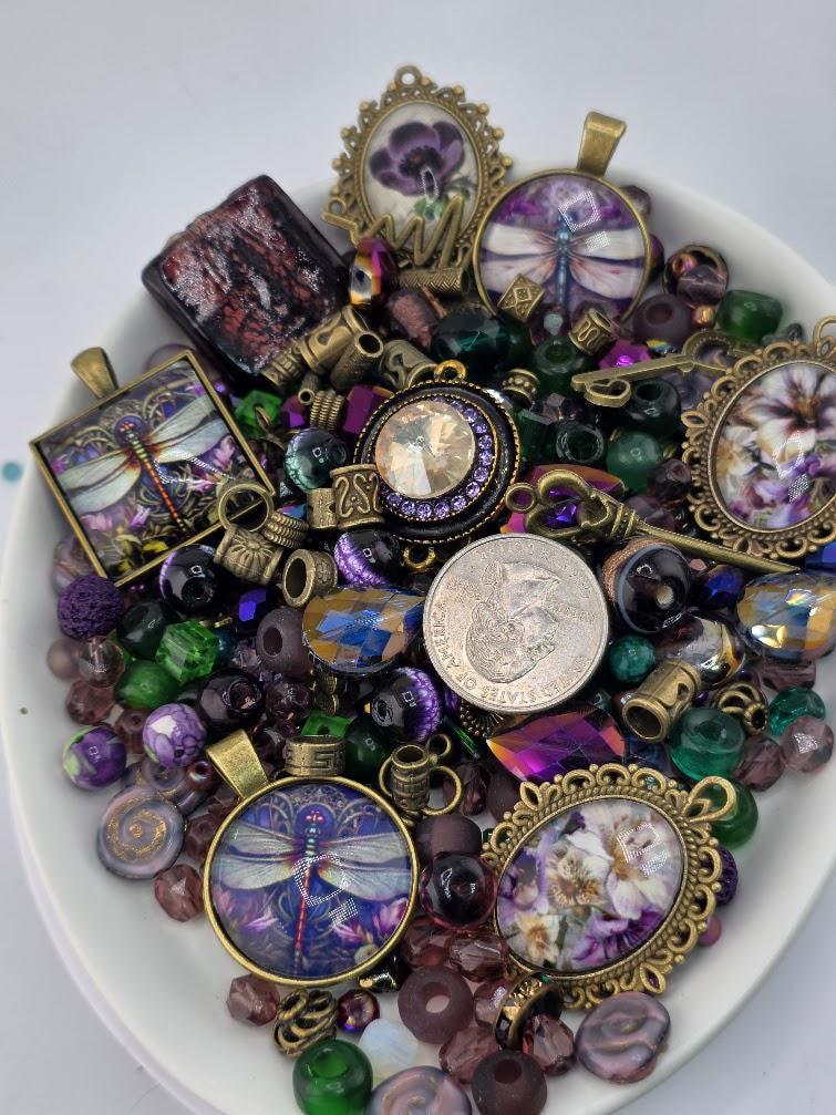 Dragonfly Dusk Bead Soup Mix | Plum and Antique Bronze Glass Beads | Dragonfly and Pansy Cabochon Pendants | DIY Jewelry Making