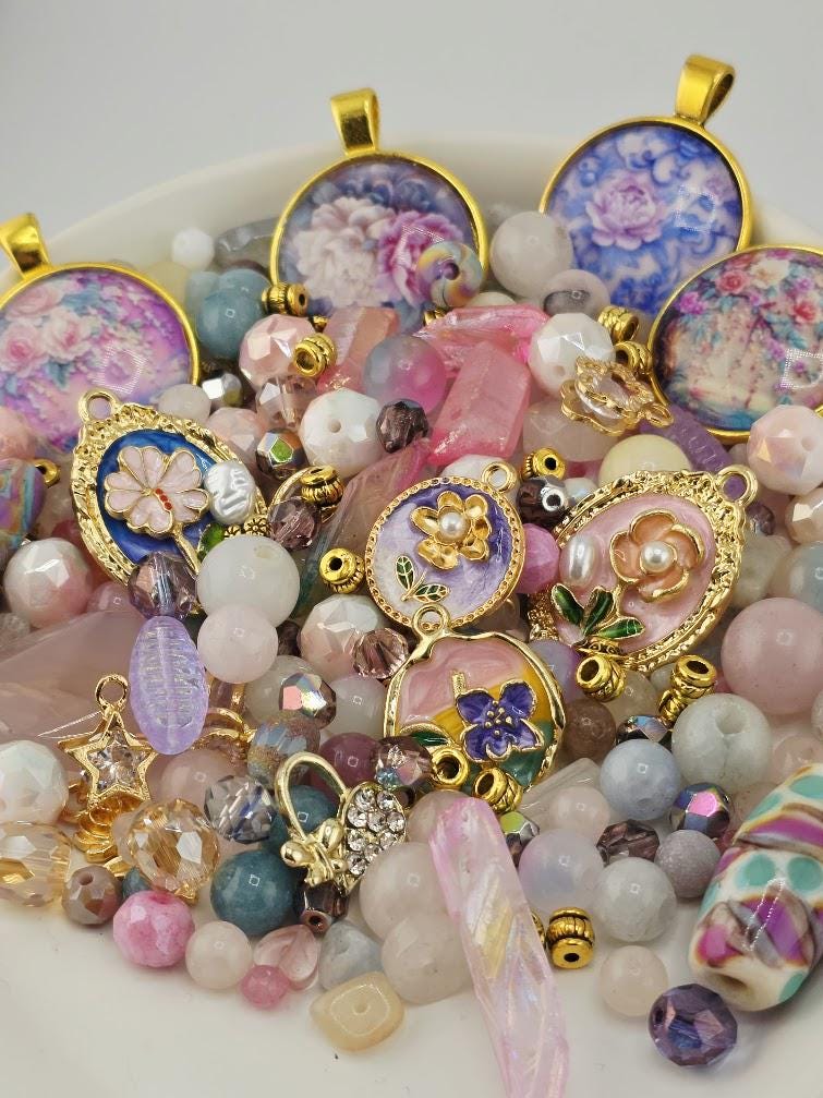 Sugared Almonds Bead Soup Mix | Pastel Pink and Gold Glass Beads | Cloisonne Floral Cabochon Pendants | DIY Jewelry Making