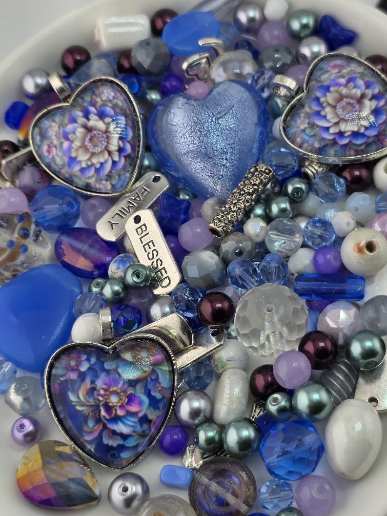 True Blue Bead Soup Mix | Cobalt Blue Glass Beads | Murano Heart and Sentiment Charm Pendants | DIY Jewelry Making | Learise Curated Mix