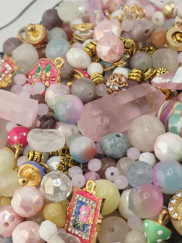 Sugared Almonds Bead Soup Mix | Pastel Pink and Gold Glass Beads | Cloisonne Floral Cabochon Pendants | DIY Jewelry Making