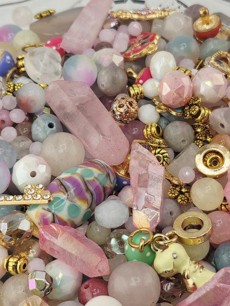 Sugared Almonds Bead Soup Mix | Pastel Pink and Gold Glass Beads | Cloisonne Floral Cabochon Pendants | DIY Jewelry Making