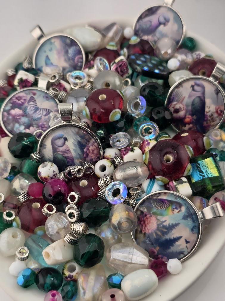 Garnet Ivy Bead Soup Mix | Garnet Forest Green Glass Beads | Mermaid Lady Cabochon Pendants | DIY Jewelry Making | Learise Curated Mix
