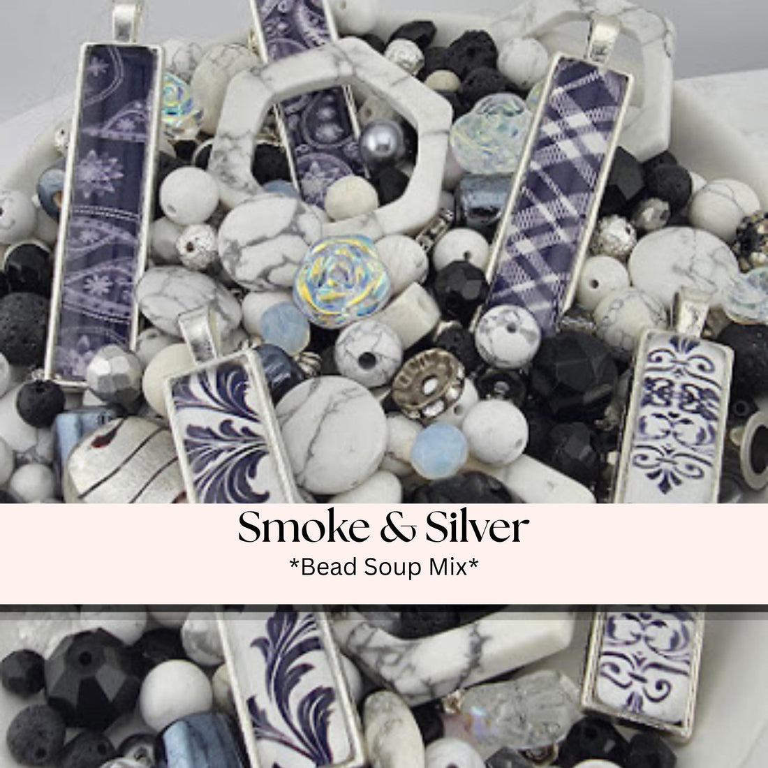 Smoke and Silver Bead Soup Mix | Black and White Damask Glass Beads | Toile Bar Cabochon Pendants | DIY Jewelry Making | Learise Curated Mix