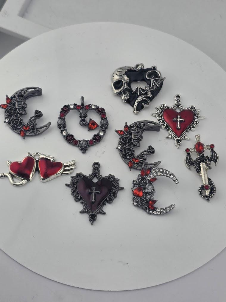 Glass Bead Soup Mix - Blood & Roses | Black, Blood Red and Silve Beads | Cross-Heart, Skull and Rose Pendants | DIY Jewelry Making Supply