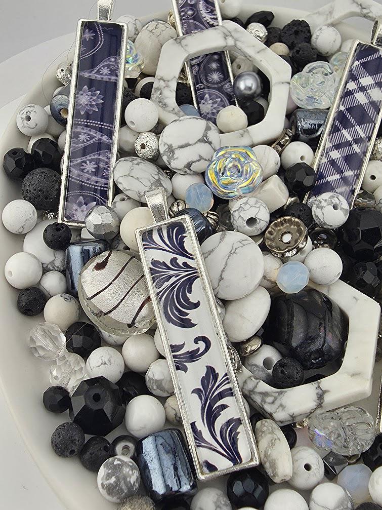 Smoke and Silver Bead Soup Mix | Black and White Damask Glass Beads | Toile Bar Cabochon Pendants | DIY Jewelry Making | Learise Curated Mix