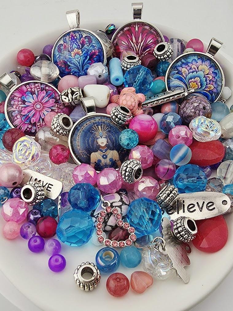 Glass Bead Soup Mix - Mystic Bohemia | Pink, Turquoise and Purple Glass Beads | Paisley, Mandala and Goddess Pendants