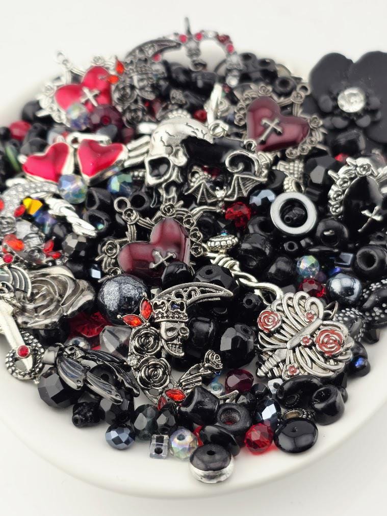 Glass Bead Soup Mix - Blood & Roses | Black, Blood Red and Silve Beads | Cross-Heart, Skull and Rose Pendants | DIY Jewelry Making Supply