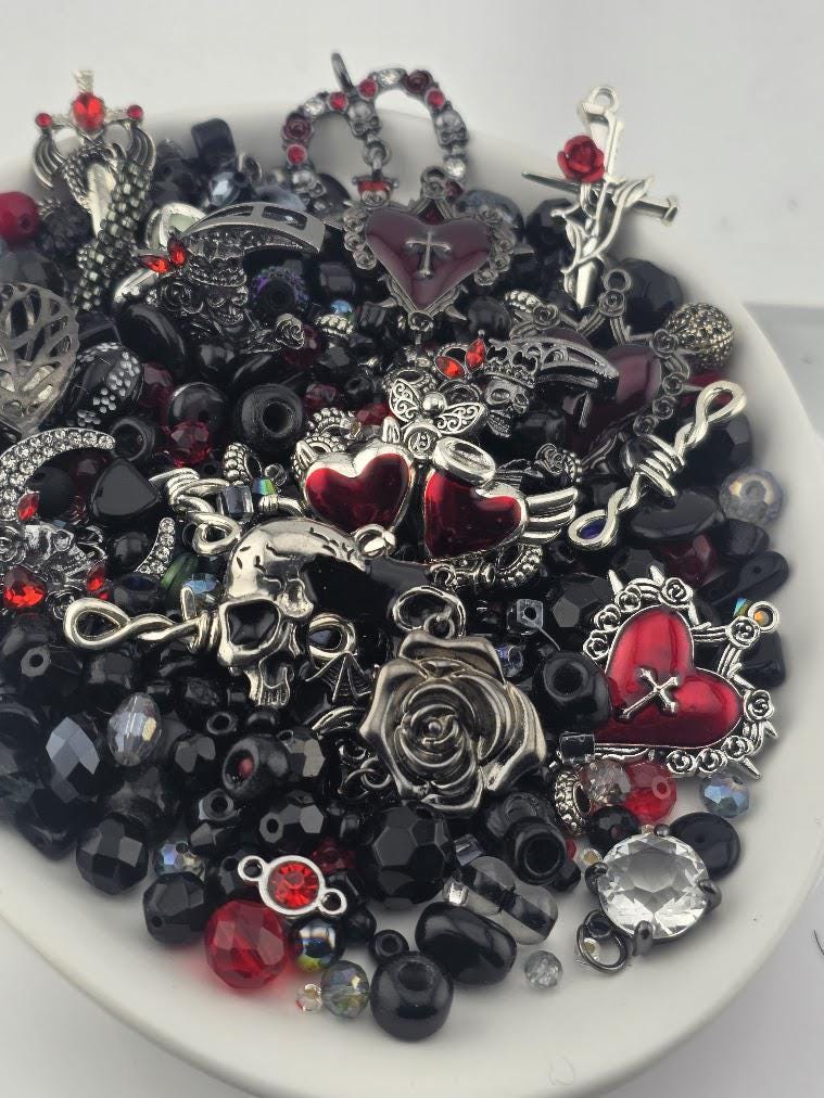 Glass Bead Soup Mix - Blood & Roses | Black, Blood Red and Silve Beads | Cross-Heart, Skull and Rose Pendants | DIY Jewelry Making Supply