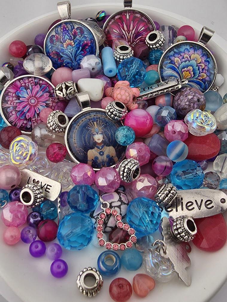 Glass Bead Soup Mix - Mystic Bohemia | Pink, Turquoise and Purple Glass Beads | Paisley, Mandala and Goddess Pendants