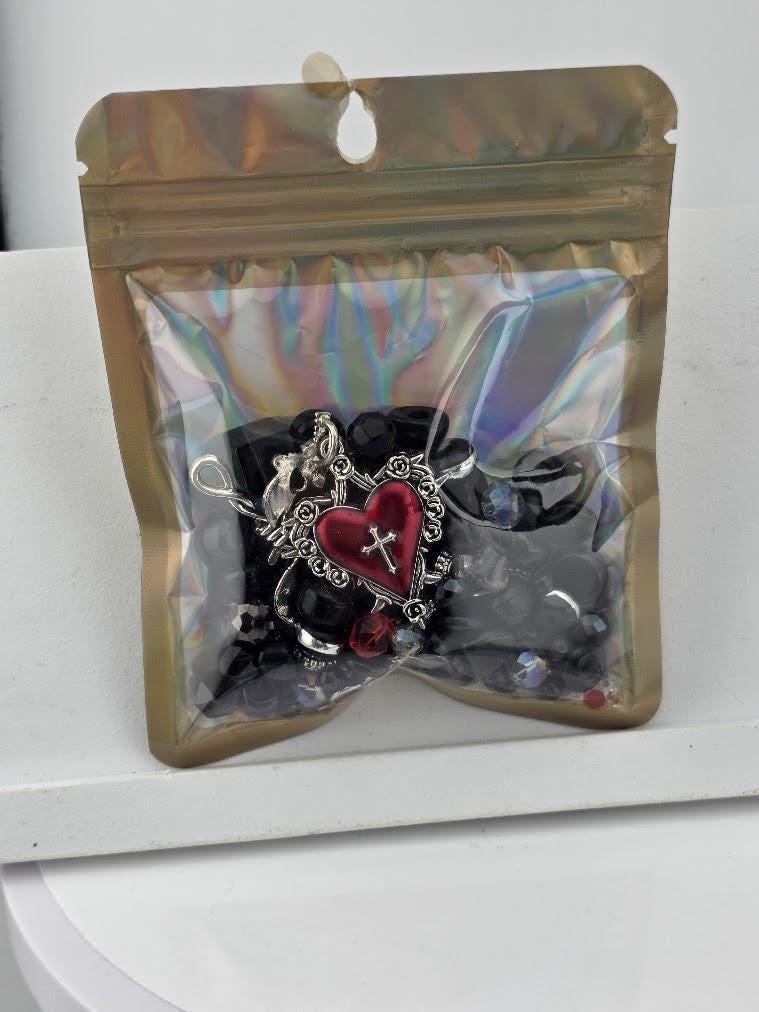 Glass Bead Soup Mix - Blood & Roses | Black, Blood Red and Silve Beads | Cross-Heart, Skull and Rose Pendants | DIY Jewelry Making Supply
