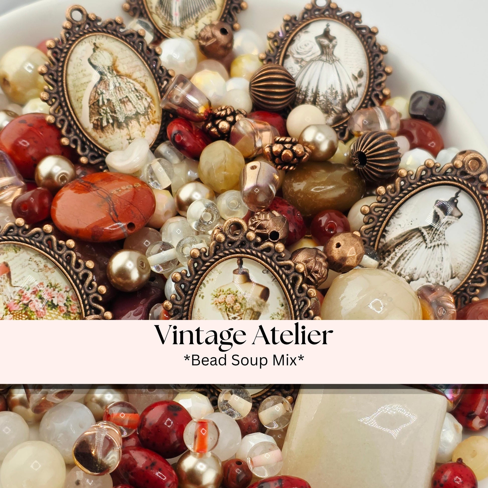 Vintage Atelier Bead Soup Mix | Cream, Maroon and Copper Glass Beads | Victorian Corset and Dress Cabochon Pendants | DIY Jewelry Making