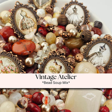 Vintage Atelier Bead Soup Mix | Cream, Maroon and Copper Glass Beads | Victorian Corset and Dress Cabochon Pendants | DIY Jewelry Making