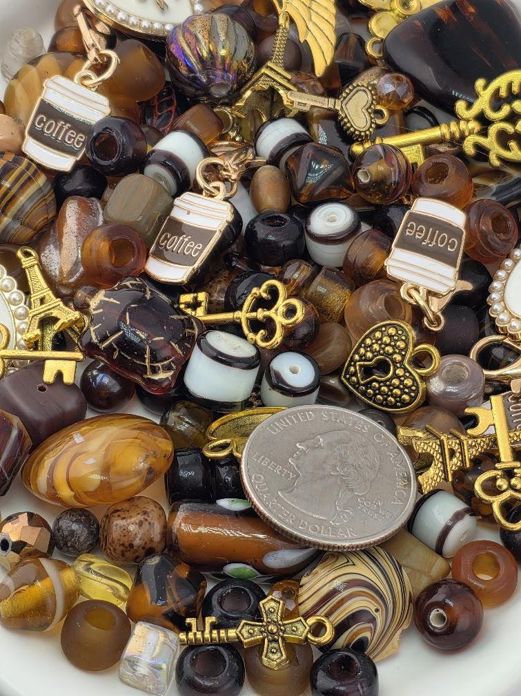 Café Parisienne Bead Soup Mix | Espresso Brown and Amber Glass Beads | Coffee, Eiffel and Key Charm Pendants | DIY Jewelry Making