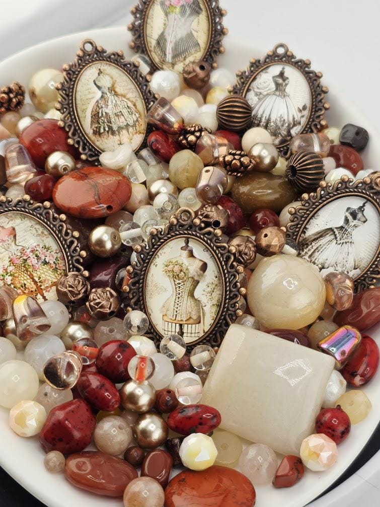Vintage Atelier Bead Soup Mix | Cream, Maroon and Copper Glass Beads | Victorian Corset and Dress Cabochon Pendants | DIY Jewelry Making