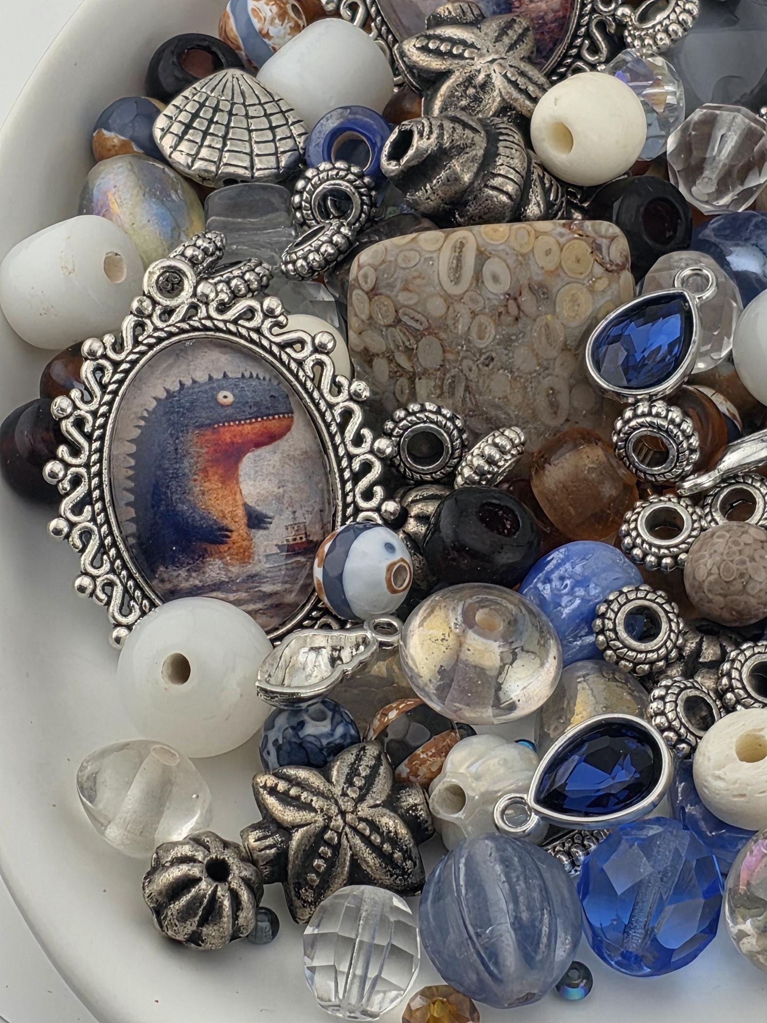 Here Be Dragons Bead Soup Mix | Navy, Cream Silver Glass Beads | Sea Monster Galleon Pendants | DIY Jewelry Making | Learise Curated Mix
