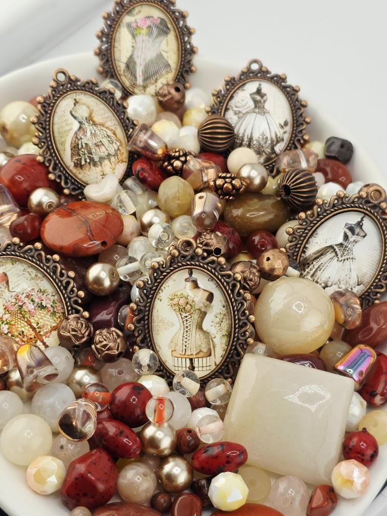 Vintage Atelier Bead Soup Mix | Cream, Maroon and Copper Glass Beads | Victorian Corset and Dress Cabochon Pendants | DIY Jewelry Making