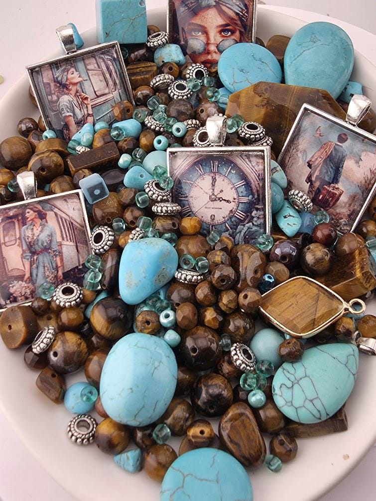 Wanderlust Bead Soup Mix | Turquoise and Tiger's Eye Glass Beads | Vintage Travel and Clock Cabochon Pendants | DIY Jewelry Making