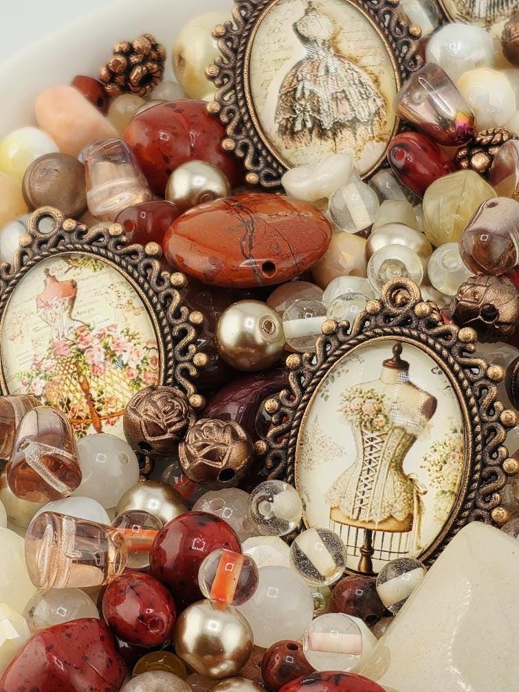 Vintage Atelier Bead Soup Mix | Cream, Maroon and Copper Glass Beads | Victorian Corset and Dress Cabochon Pendants | DIY Jewelry Making
