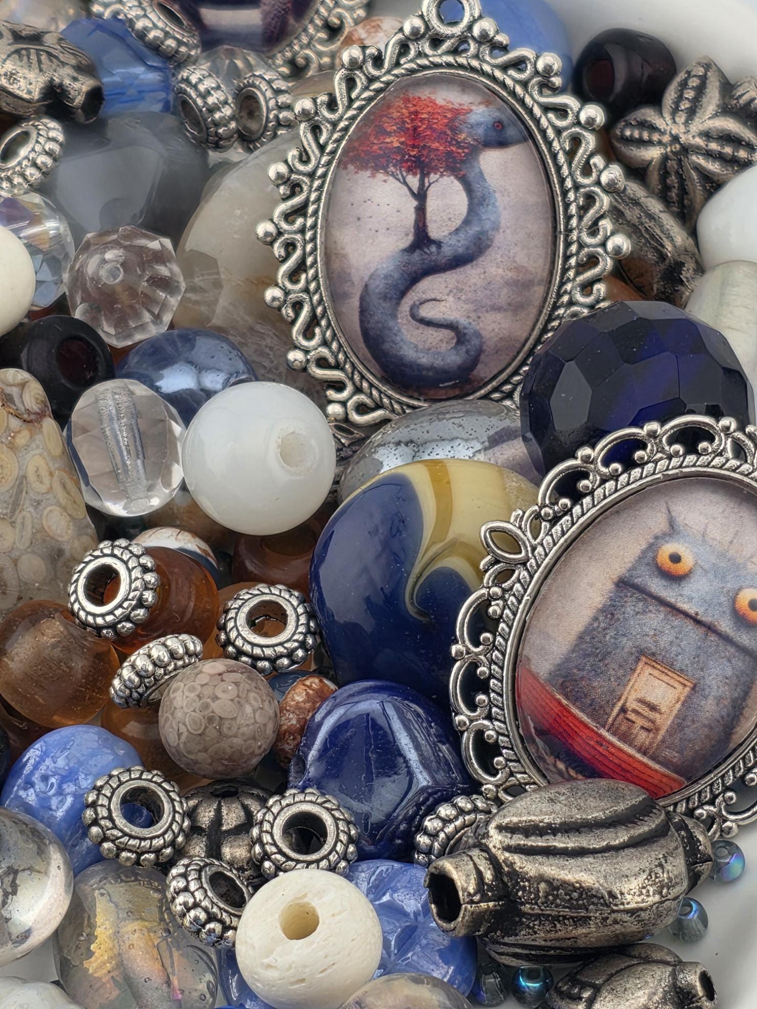 Here Be Dragons Bead Soup Mix | Navy, Cream Silver Glass Beads | Sea Monster Galleon Pendants | DIY Jewelry Making | Learise Curated Mix