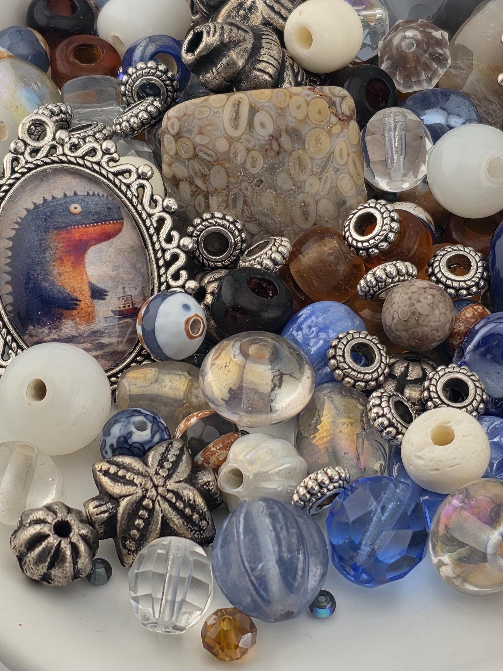Here Be Dragons Bead Soup Mix | Navy, Cream Silver Glass Beads | Sea Monster Galleon Pendants | DIY Jewelry Making | Learise Curated Mix