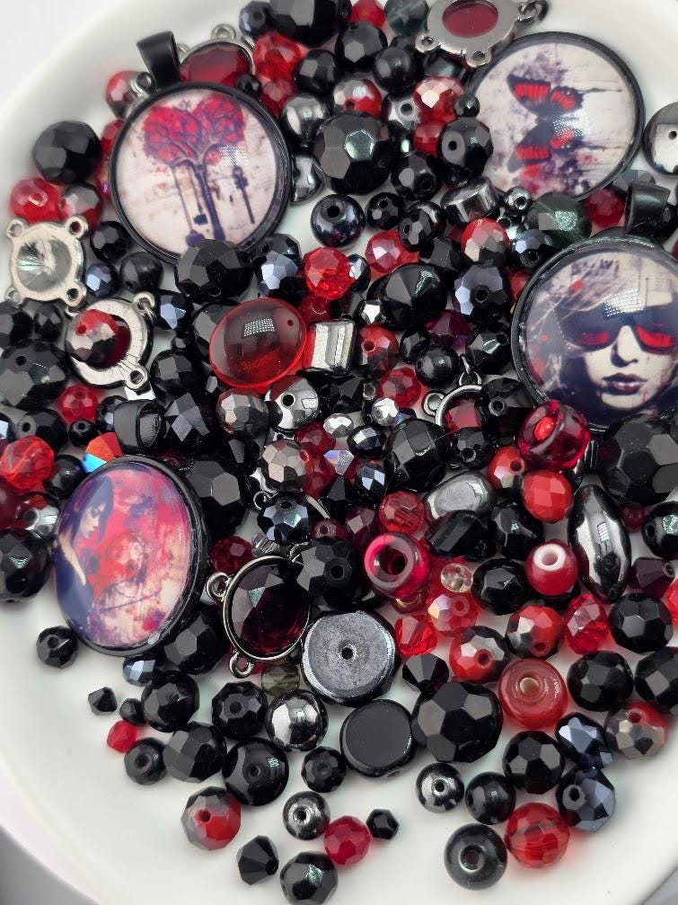 Ruby Shadows Bead Soup Mix | Red and Black Glass Beads | Gothic Portrait Cabochon Pendants | DIY Jewelry Making | Learise Curated Mix