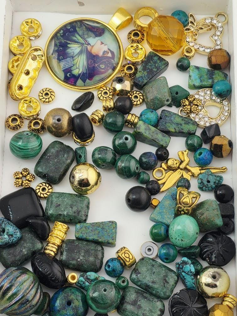 Gilded Lagoon Bead Soup Mix | Teal and Gold Glass Beads | Iridescent Floral Cabochon Pendants | DIY Jewelry Making | Learise Curated Mix