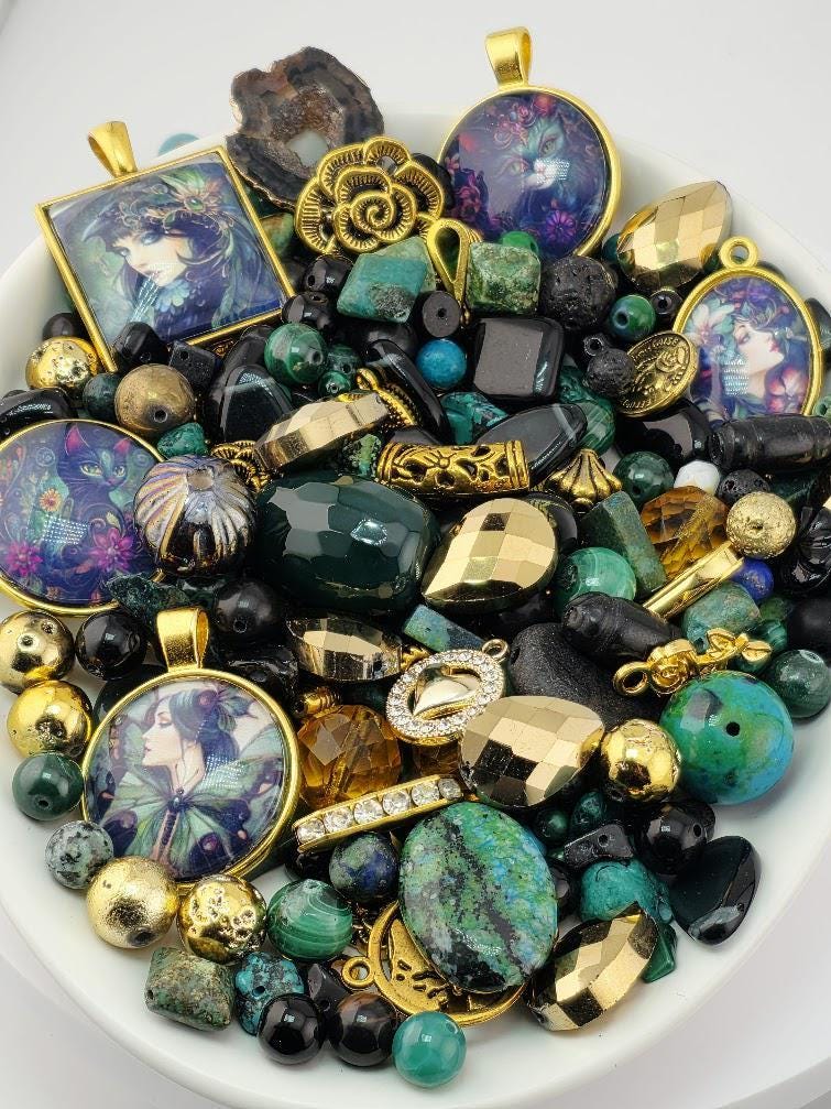 Gilded Lagoon Bead Soup Mix | Teal and Gold Glass Beads | Iridescent Floral Cabochon Pendants | DIY Jewelry Making | Learise Curated Mix