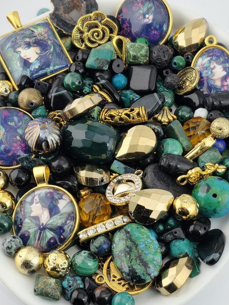 Gilded Lagoon Bead Soup Mix | Teal and Gold Glass Beads | Iridescent Floral Cabochon Pendants | DIY Jewelry Making | Learise Curated Mix