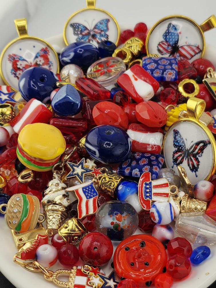Star-Spangled Bead Soup Mix | Red, White and Blue Glass Beads | Patriotic Butterfly Cabochon Pendants | DIY Jewelry Making