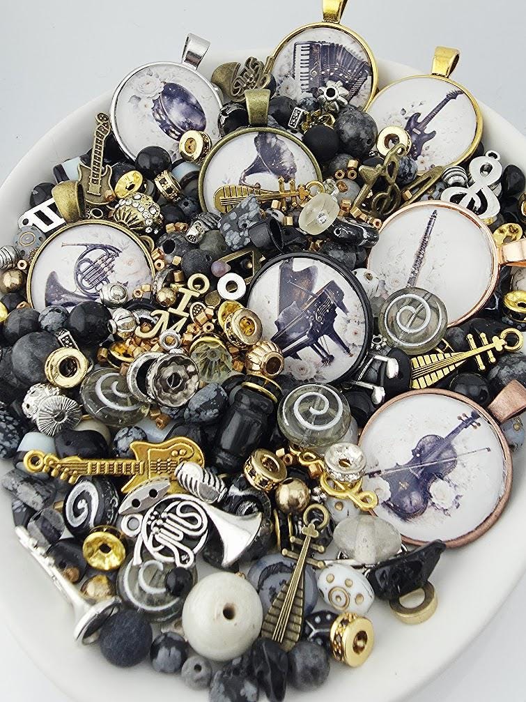 Nocturne Bead Soup Mix | Black and Gold Glass Beads | Piano and Violin Cabochon Pendants | DIY Jewelry Making | Learise Curated Mix