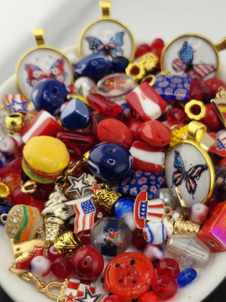 Star-Spangled Bead Soup Mix | Red, White and Blue Glass Beads | Patriotic Butterfly Cabochon Pendants | DIY Jewelry Making