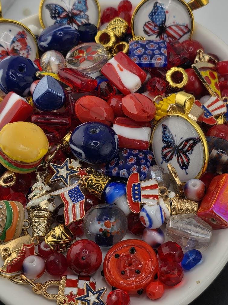 Star-Spangled Bead Soup Mix | Red, White and Blue Glass Beads | Patriotic Butterfly Cabochon Pendants | DIY Jewelry Making