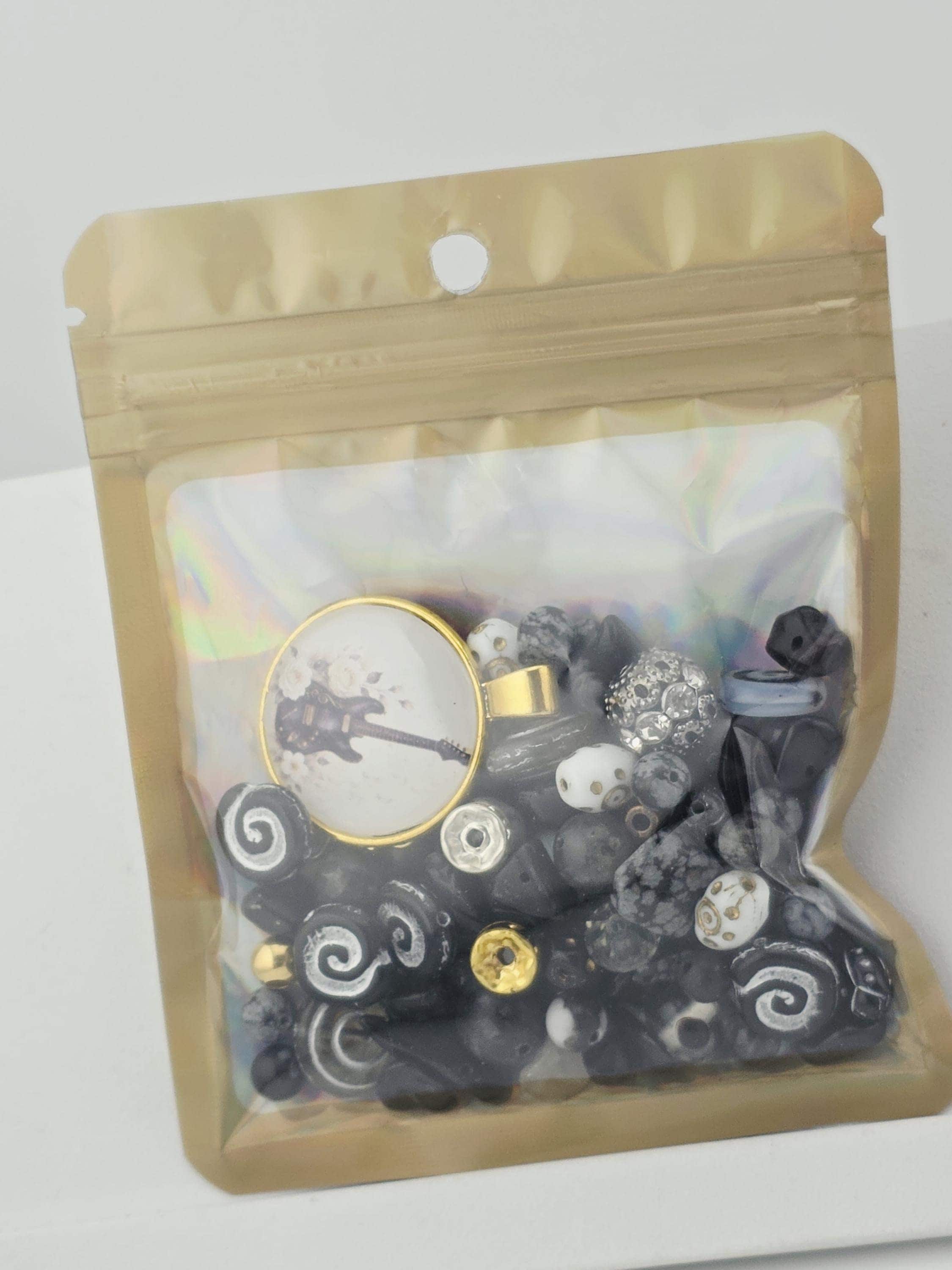 Nocturne Bead Soup Mix | Black and Gold Glass Beads | Piano and Violin Cabochon Pendants | DIY Jewelry Making | Learise Curated Mix