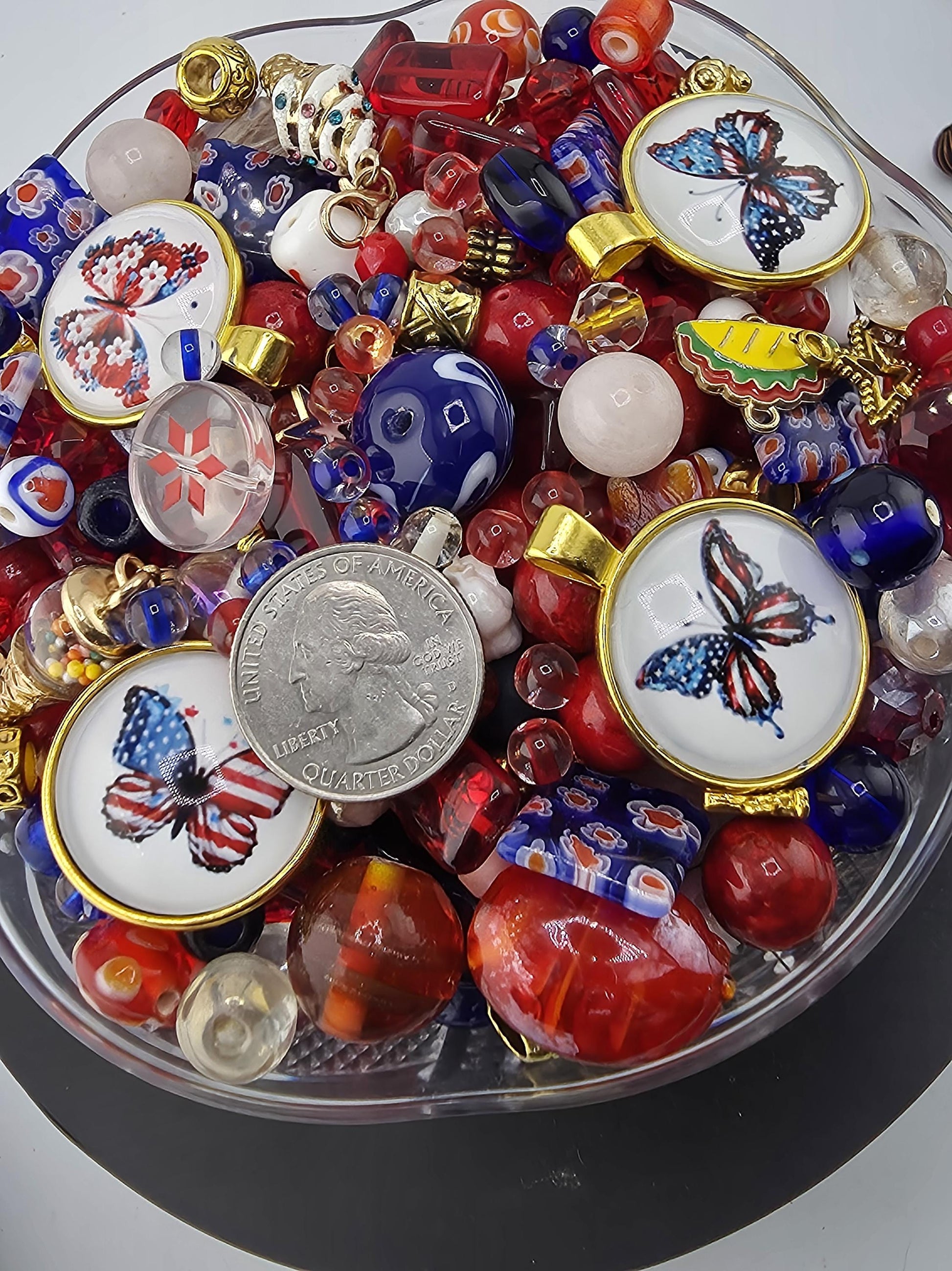 Star-Spangled Bead Soup Mix | Red, White and Blue Glass Beads | Patriotic Butterfly Cabochon Pendants | DIY Jewelry Making