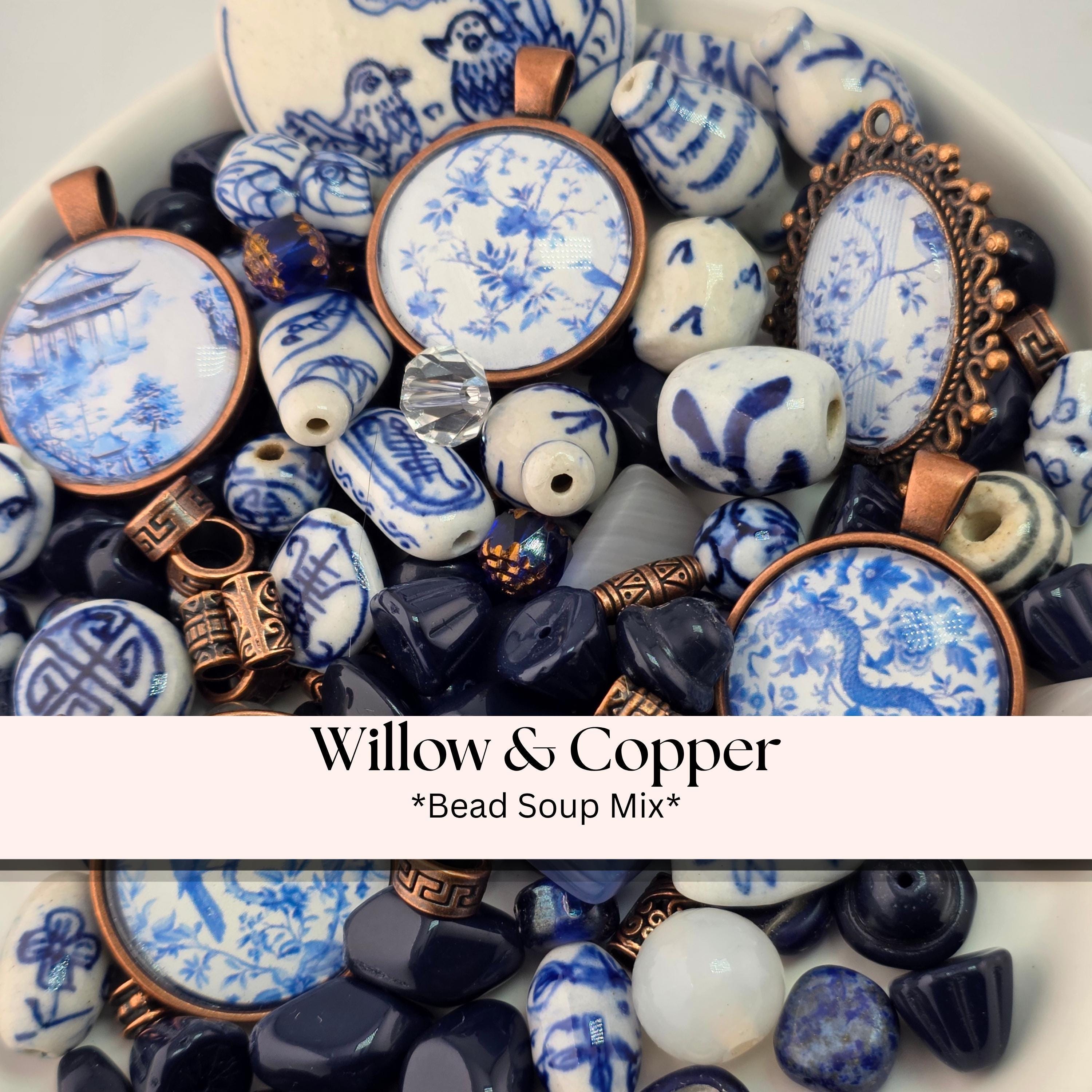 Willow and Copper Bead Soup Mix | Blue and White Chinoiserie Glass Beads | Copper Bird and Floral Cabochon Pendants | DIY Jewelry Making