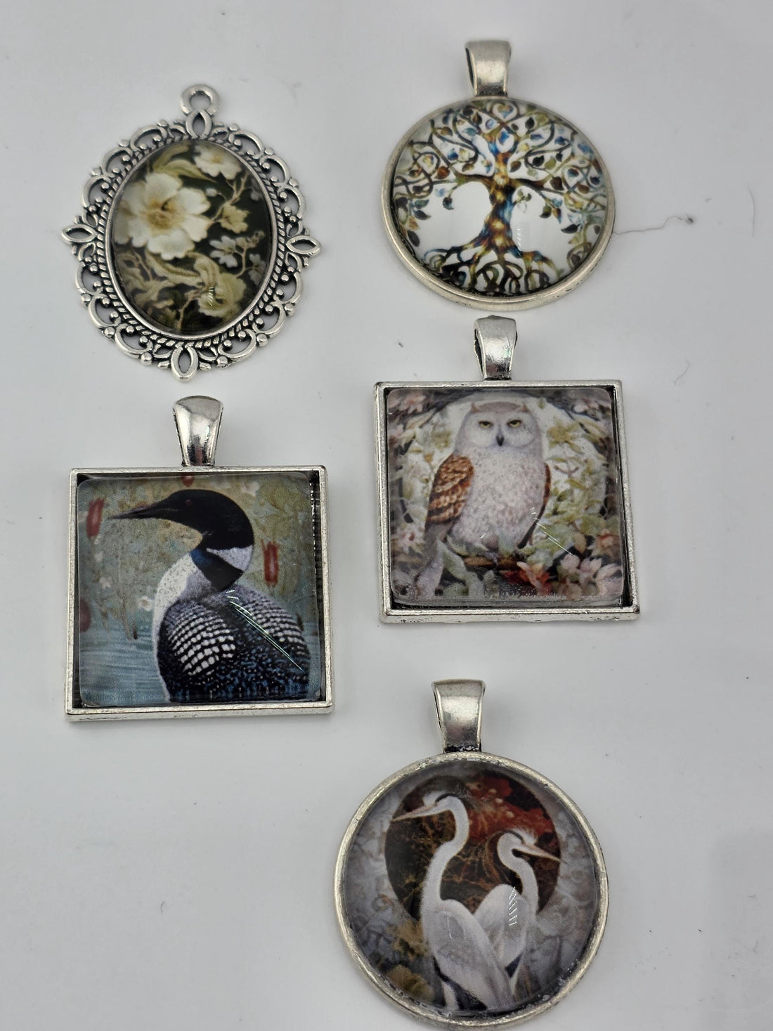Hollow and Hoot Bead Soup Mix | Mossy Green and Cream Glass Beads | Owl and Tree of Life Cabochon Pendants | DIY Jewelry Making
